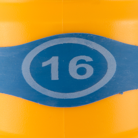 A blue band displays the number 16 on an orange water bottle.