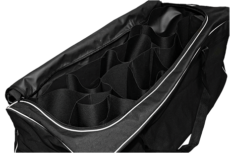 A black duffel bag, open to reveal multiple interior compartments, sits on a plain background.