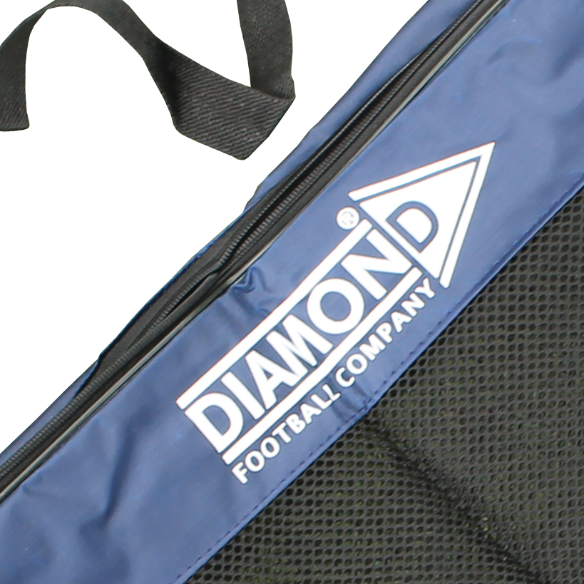 A blue nylon bag with a zipper and a shoulder strap displays "DIAMOND FOOTBALL COMPANY" in white lettering.